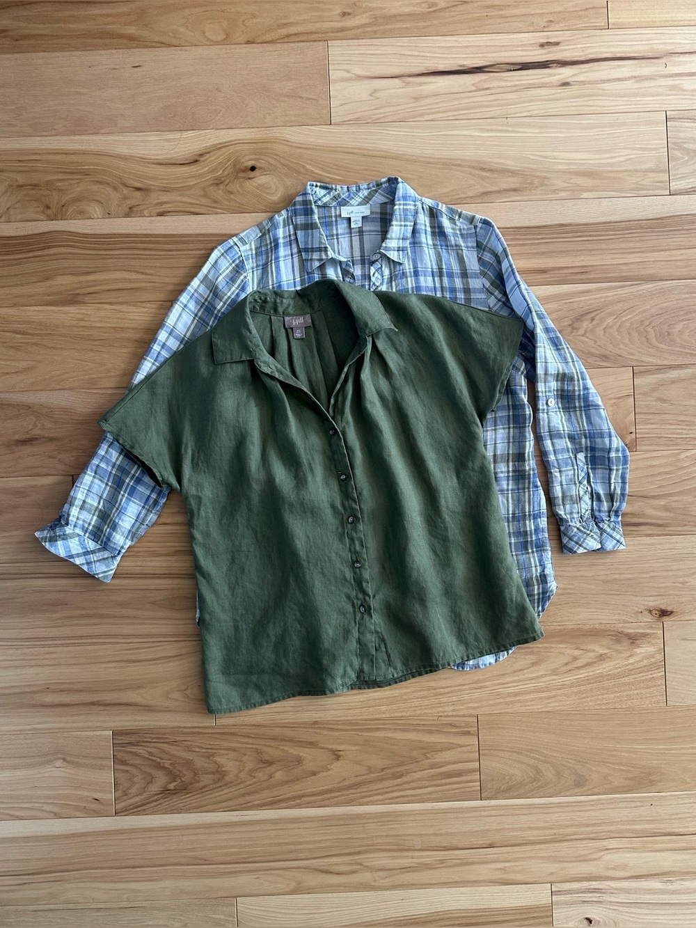 Bundle of Two Linen Blouses - Plaid & Green Linen Tops - XS